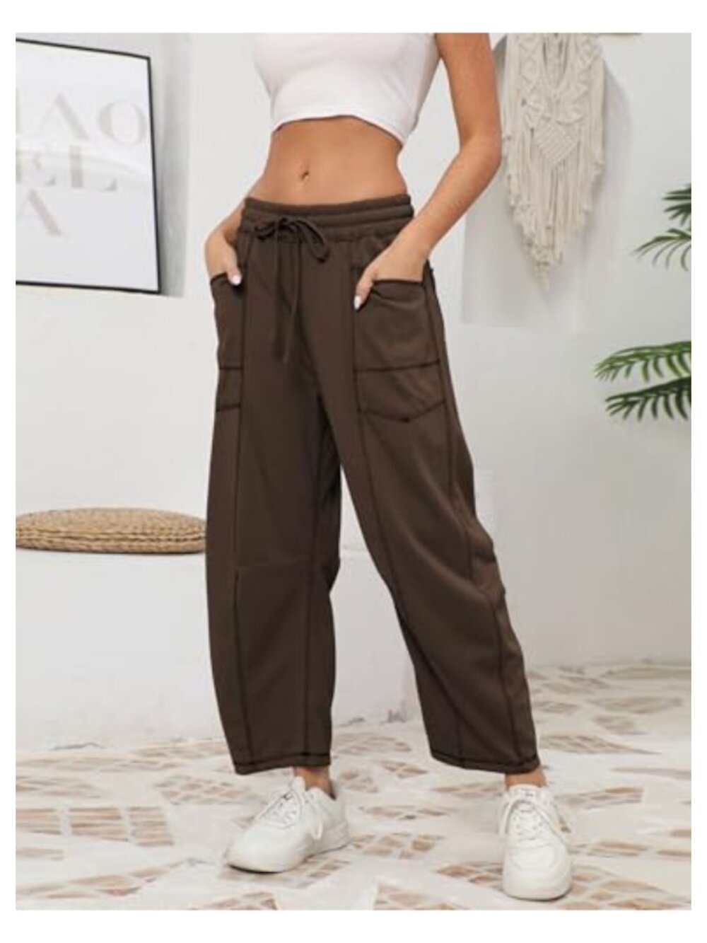 Wide Leg Barrel Sweatpants Drawstring Lounge Pants Pockets - Picture 2 of 6